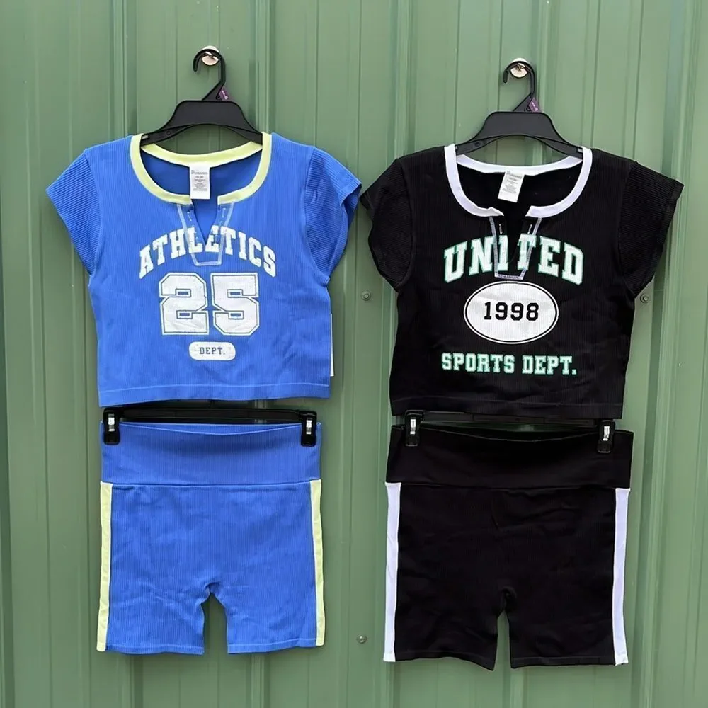 Seamless Crop Top & High-Rise Biker Shorts Graphic 2-Piece Set 2-Pack Size XXL